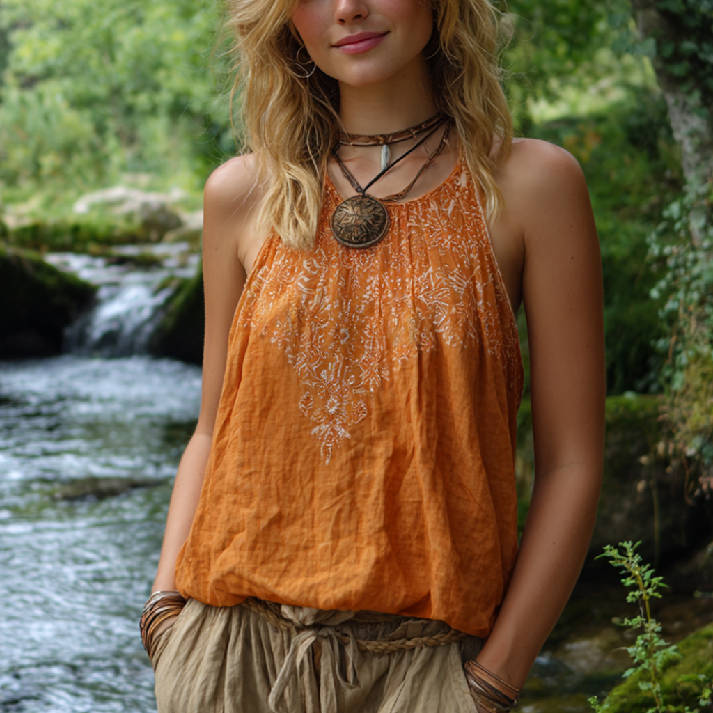 Bohemian Women's Printed Linen Sleeveless Tank Top Casual Camisole