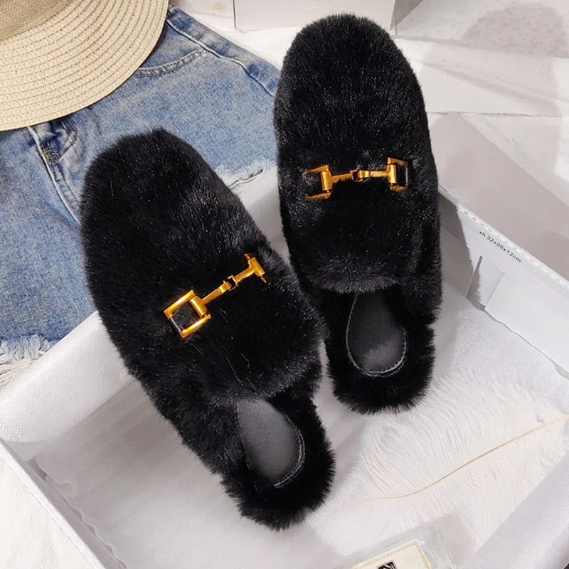 Women Mules Fur Slippers Home Winter Shoes Plush Female Fashion Warm Comfort Couple Flats Shoe Ladies Plus Size Elegant Luxury