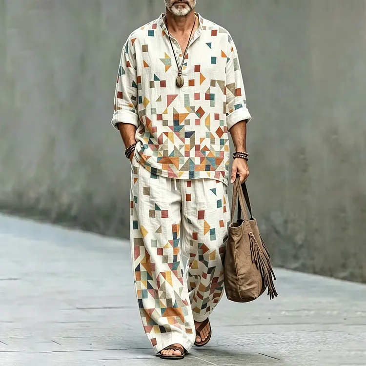 Men's Geometric Art Print Shirt And Pants Two Piece Set