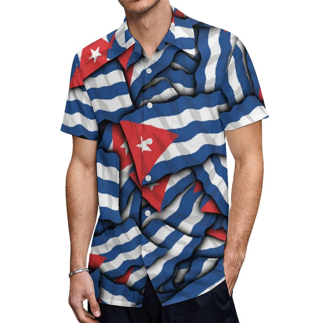 Short Sleeve Cuba Flag Red White Blue Hawaiian Shirt Mens Button Down Plus Size Tropical Hawaii Beach Shirts