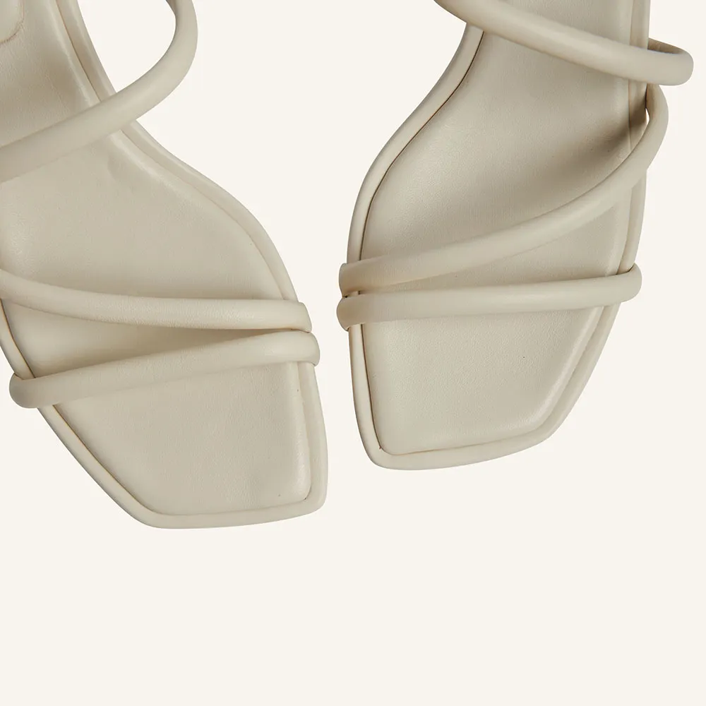 Ivory Open Square Toe Strappy Kitten Heel Simple Mules Sandals