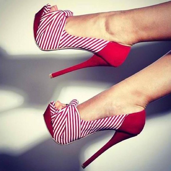 Red Stripes Platform Heels Peep Toe Stiletto Heel Bow Pumps Nicepairs