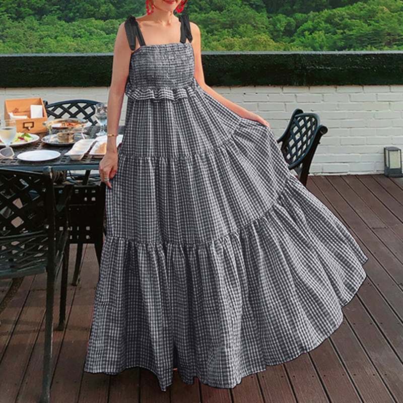Stylish Check Dress Women's Spaghetti Strap Sundress ZANZEA 2022 Causal Pleated Summer Maxi Vestido Female Ruffle Robe Oversized