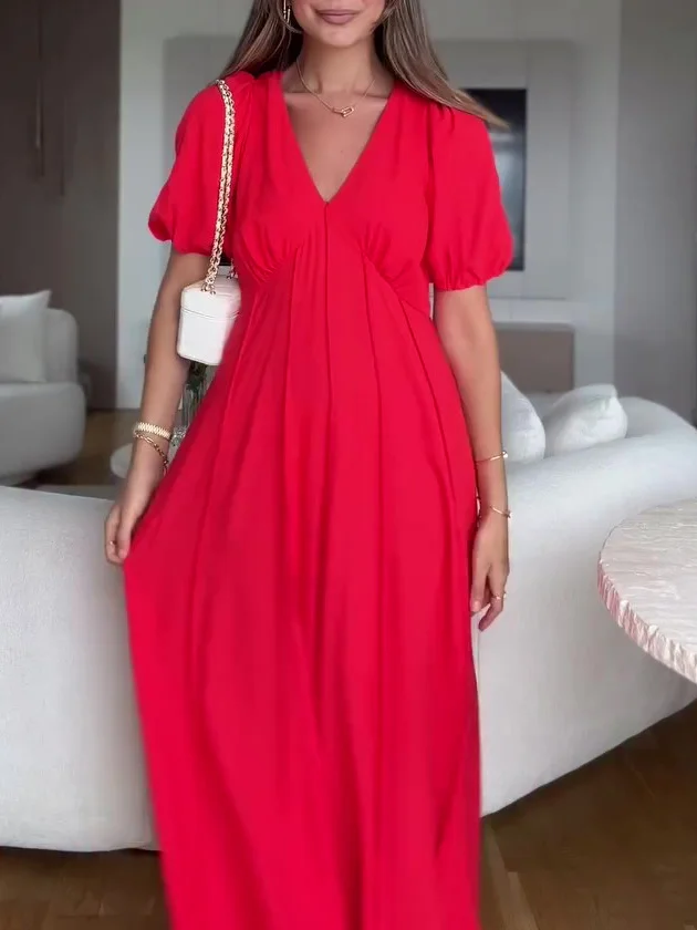 V - Neck Puff - Sleeve Maxi Dress With Back Cut - Out