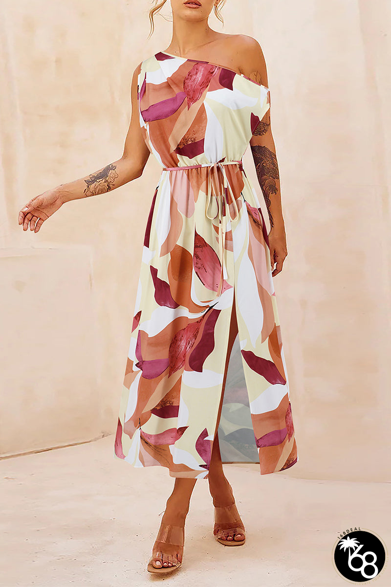 Elegant Floral Draw String Slit Oblique Collar Printed Dresses | 168DEAL