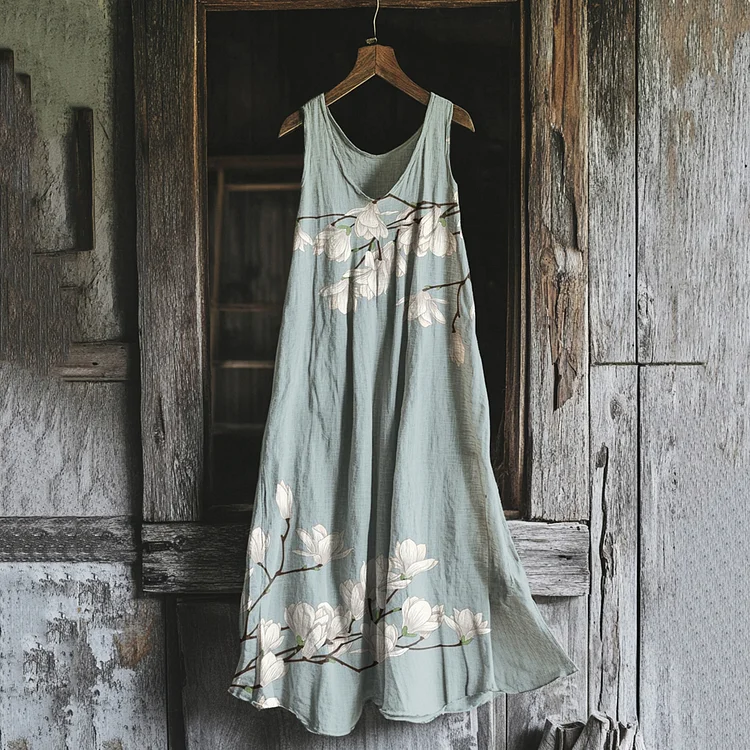 Vintage Magnolia Art Cotton Linen Comfy Tank Dress