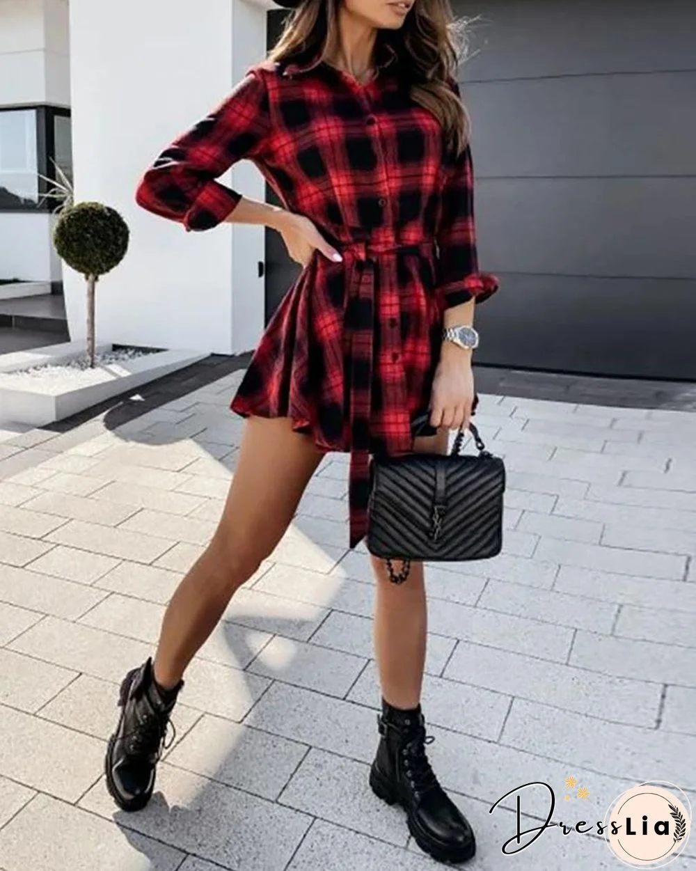 Plaid Colorblock Long Sleeve Shirt Dress P13915
