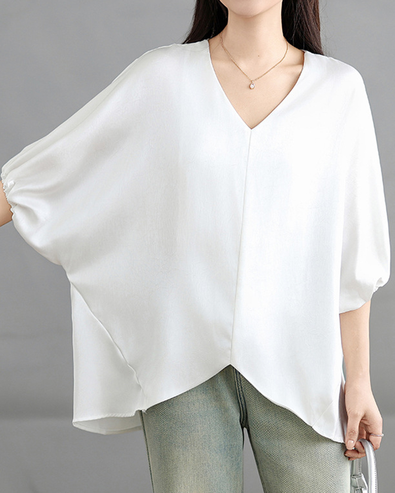 Bat Wing Sleeve V Neck Asymmetrical Hem Top