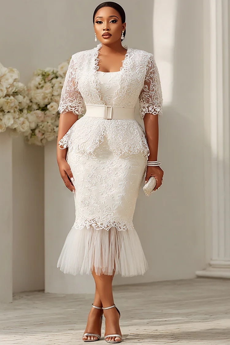 Xpluswear Design Plus Size Formal White Short Sleeve Mermaid See Through Lace Two Piece Dress Set [Pre-Order] 2024 - Xpluswear