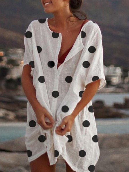 Casual Cotton Short Sleeve Polka Dots Dresses Zaesvini
