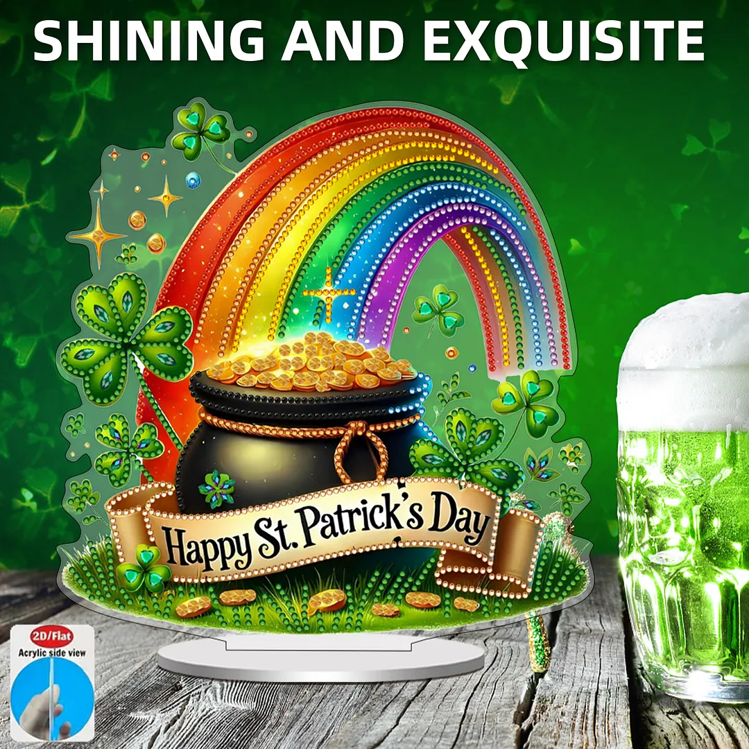 2D Flat DIY Happy St Patricks Day Diamond Painting Tabletop Ornaments Kit Special Shape Crystal Art Craft Decoration Single Side Drill for Living Room Home Office