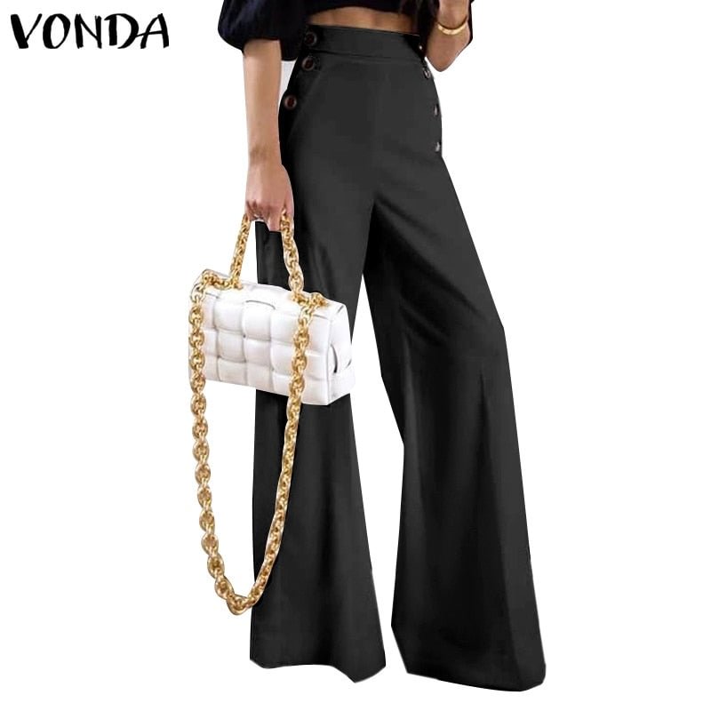 Women Pants 2022 VONDA Office Ladies Wide Leg Pants Casual Solid Color Button Up High Waist Trousers Palazzo Pantalon Femme