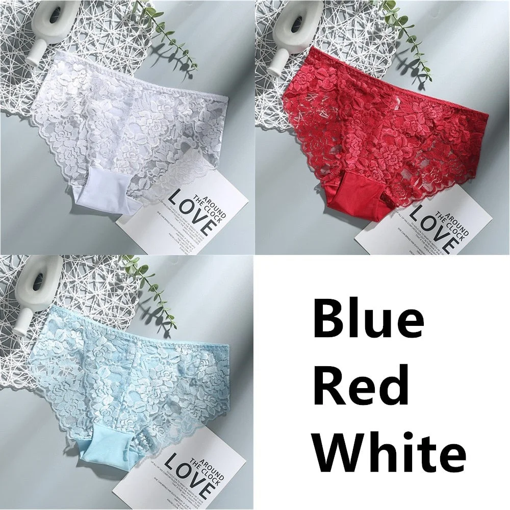 3Pcs Sexy Low Waist Women's Underwear Lace Plus Size Seamless Panties Breathable Lingerie Female Briefs Solid Hollow Underpants