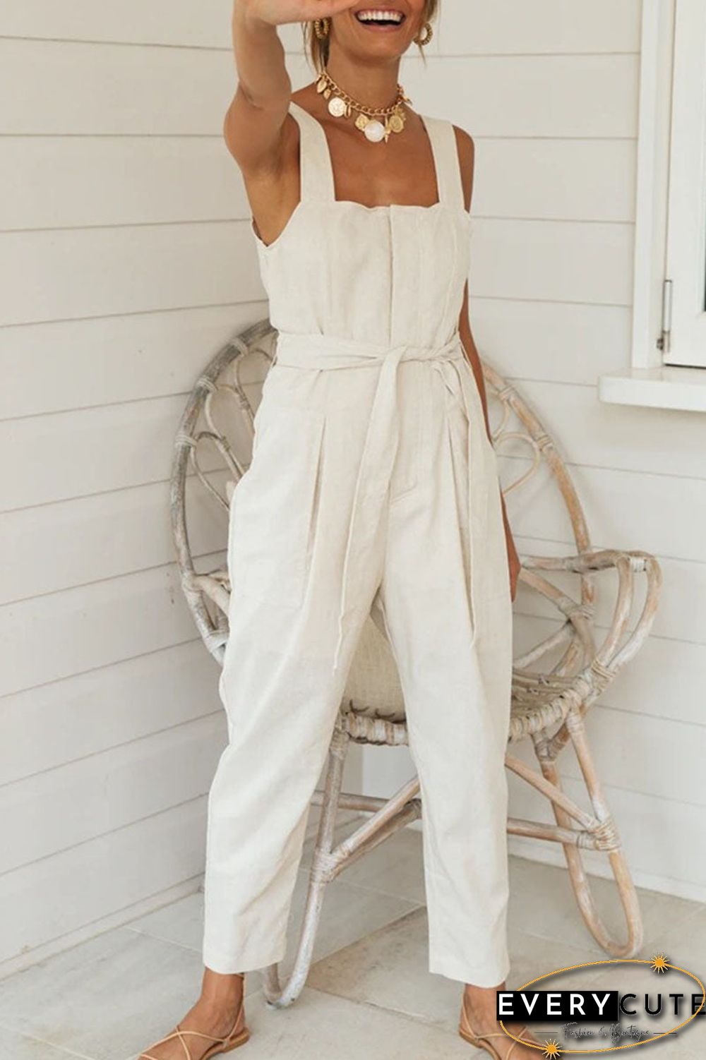 Fashion Street Solid Split Joint Square Collar Loose Jumpsuits