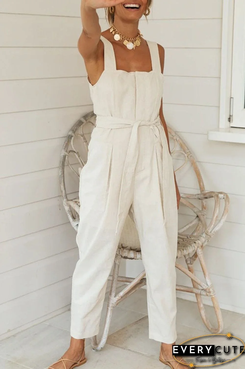 Fashion Street Solid Split Joint Square Collar Loose Jumpsuits