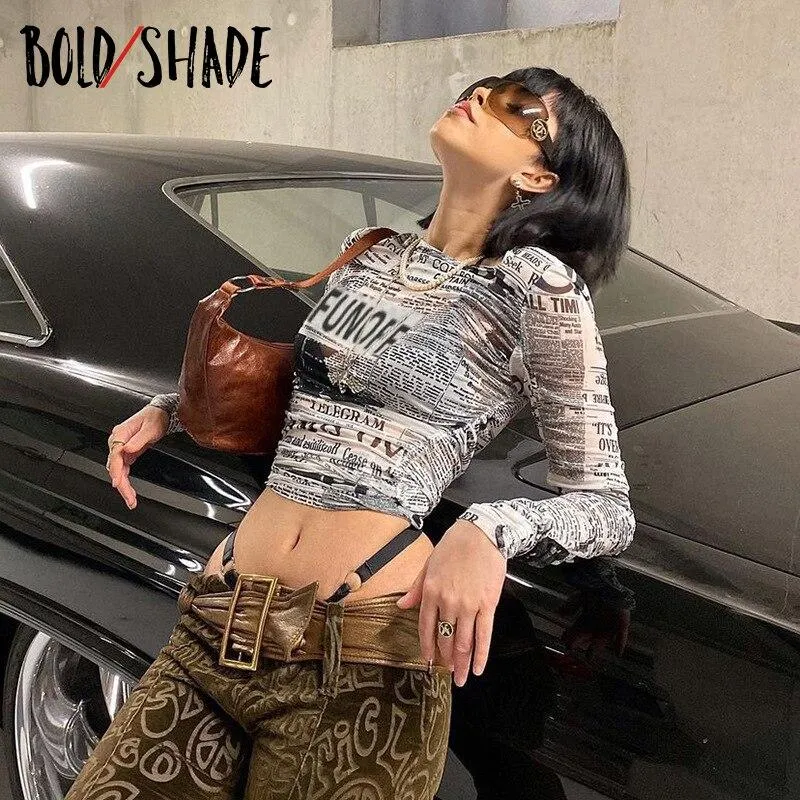 Bold Shade Women Print Mesh T Shirt Long Sleeve Street Style Fairy Grunge Slim Tops Mesh Navel Y2K Indie Elastic Tee Shirts 2021