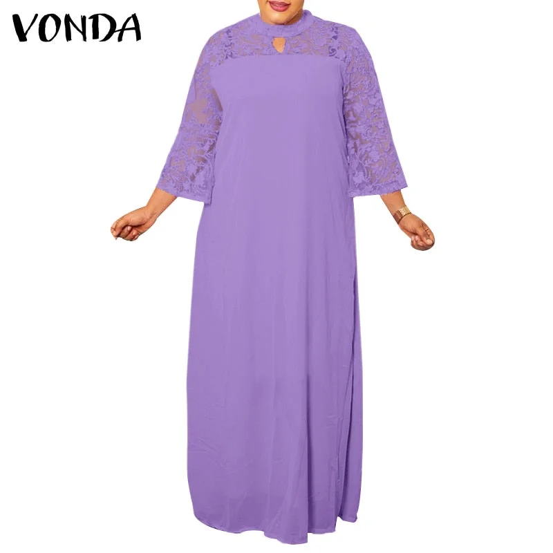 Women Dress 2022 VONDA Summer Pleated Lace Long Maxi Vestido Round Neck Flare Sleeve Bohemina Dresses Sexy Beach Sundress Femme