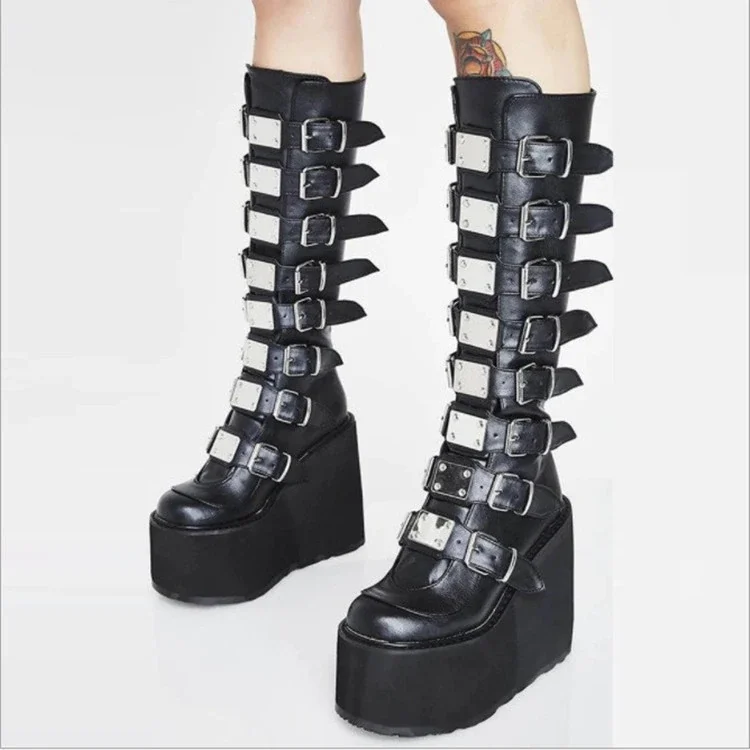 Qengg New Women's Martin Boots Fashion Wedge Knee-Length Metal Buckle High Heels Casual Platform Comfort Goth Boots Platform Boots