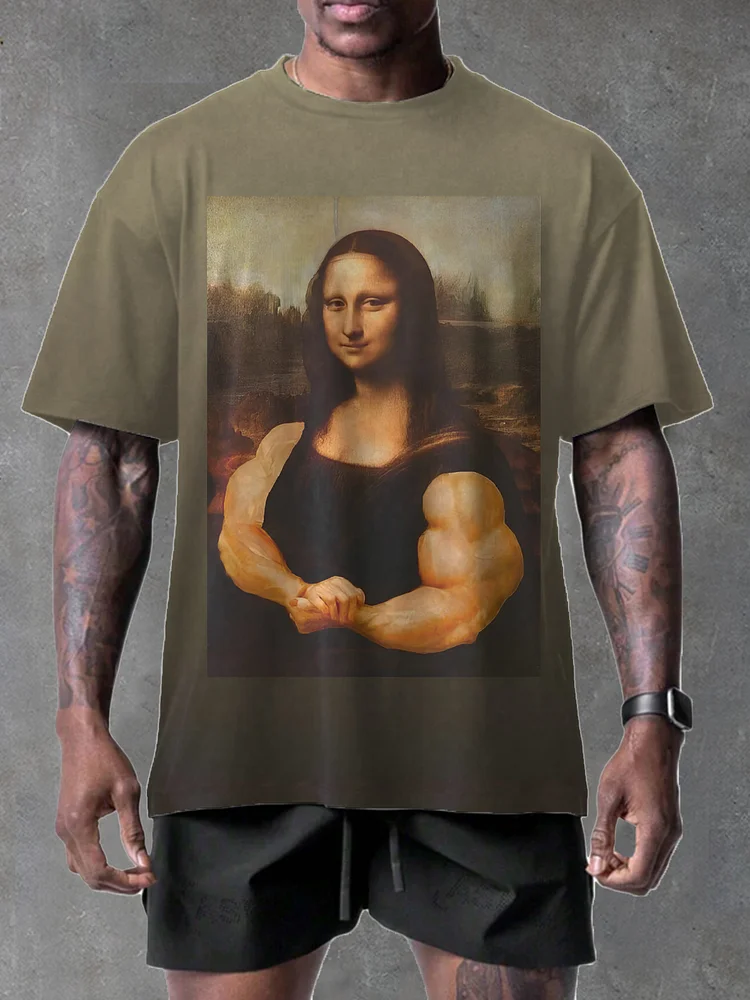 Men's Muscular Mona Lisa Illustration Print Casual T-Shirt