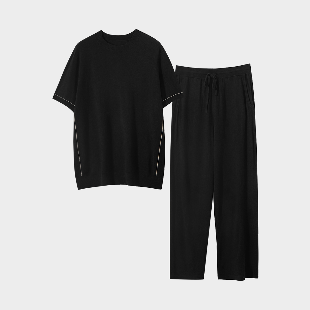 Men's Black Cashmere Knitted Crew-Neck Short-Sleeve and Pants Set | Casual Outfit REAL SILK LIFE