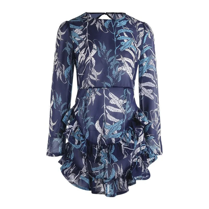 Summer fashion Backless Print Women Dress Elegant O-Neck Women Party Dress Spring Long Sleeve Ruffle Mini Dress Vestido