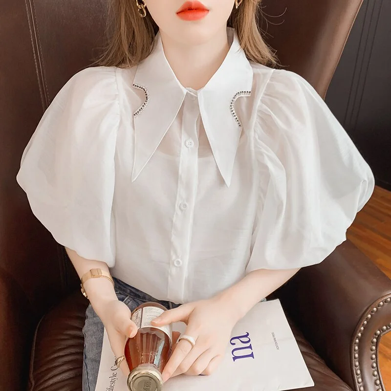 2022 Summer New Women Shirts Diamonds Tirn Down Collar Puff Sleeve Blouse Women Tops See Through Single Breasted Blusas I135