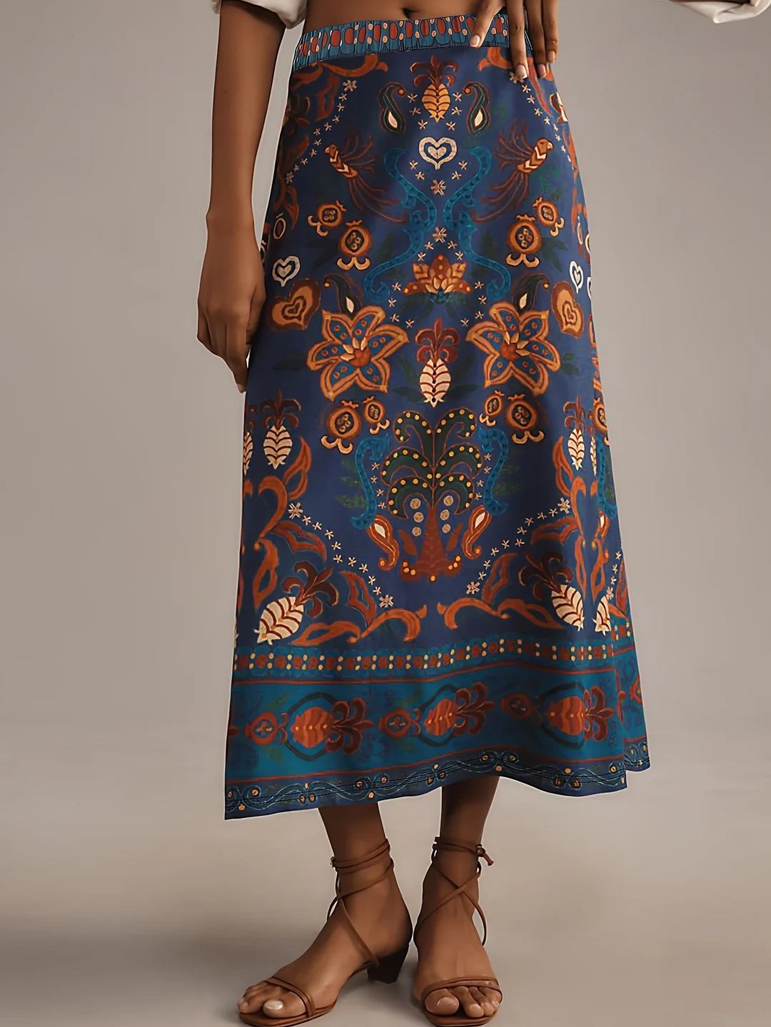 Women's Retro Bohemian Floral Print Skirt - Vibrant Blue Orange Red Purple On Navy, Straight-Leg Mid-Length Machine Washable Lightweight Spring Summer Casual & Festive Outfits, Cute Skirts, Seasonal Wardrobe, Ethnic Pattern, Durable Material | IFYHOME