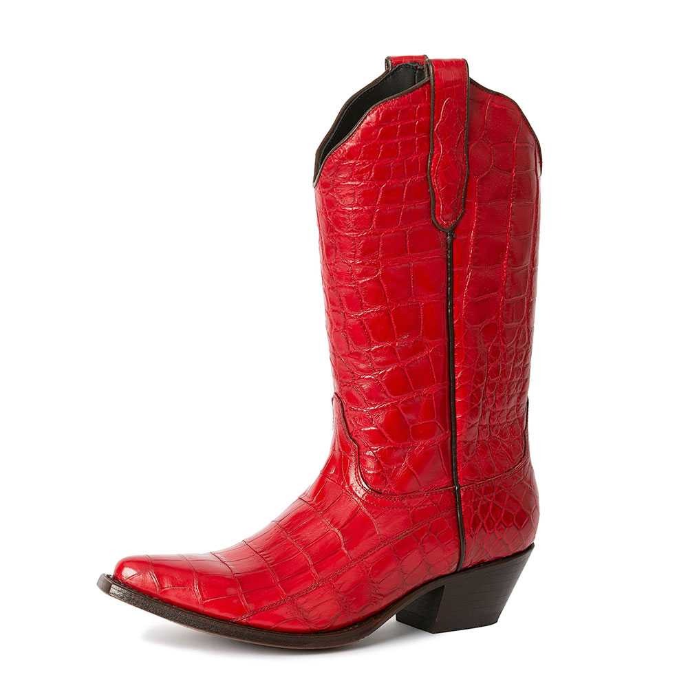 Red Croco Embossed Snip Toe Mid-Calf Cowgirl Boots with Chunky Heel Nicepairs