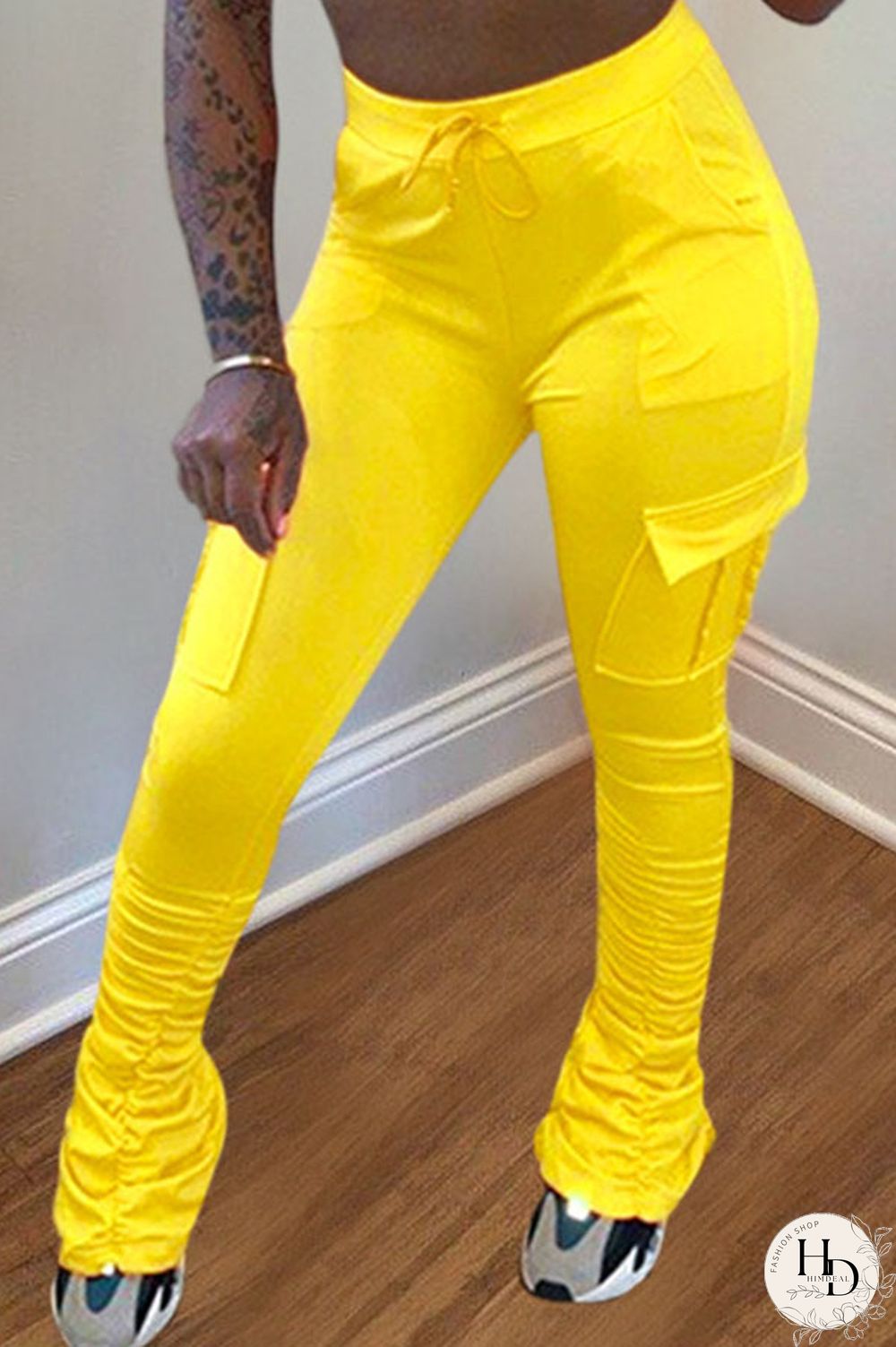 Yellow Drawstring High Solid Pocket Draped Boot Cut Pants Bottoms