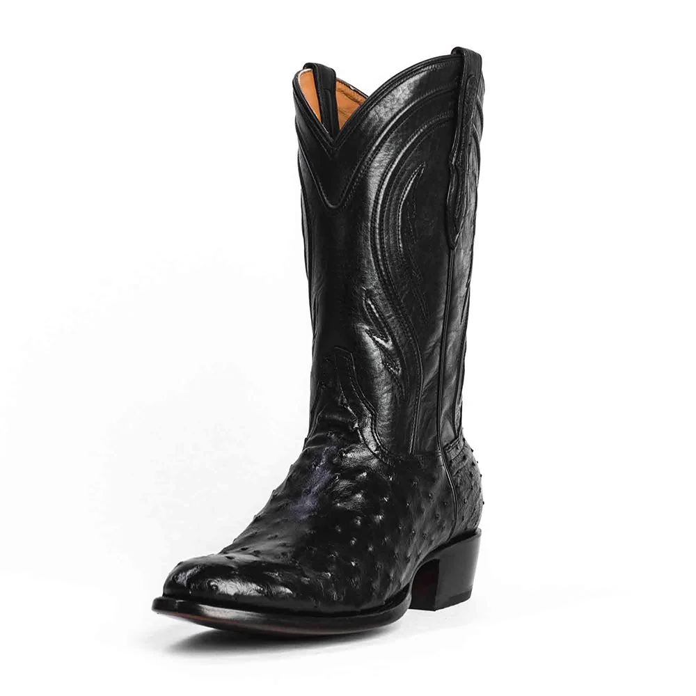 YDN Black Ostrich Embossed Round Toe Chunky Heel Cowgirl Boots