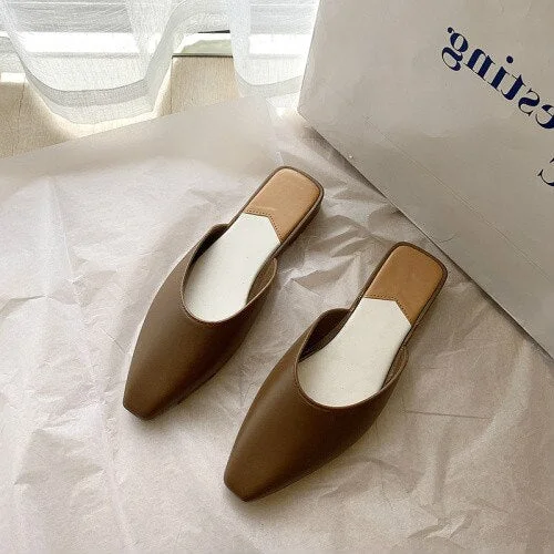 2021 Fashion Pointed Toe Mules Women Summer Slippers Candy Color Flats Slip-on Holiday Ladies Sandals Slides PU Women Shoes