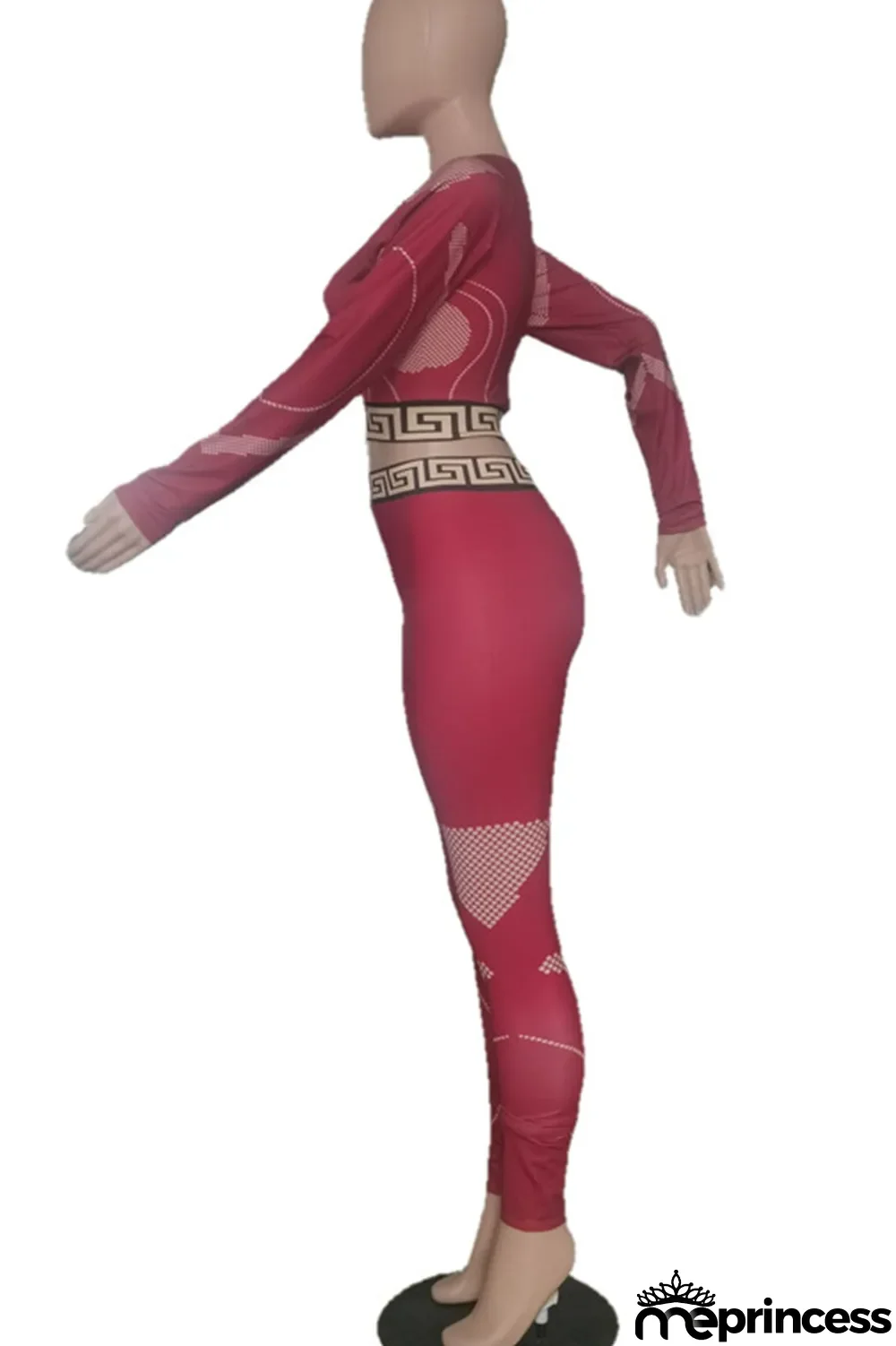 Burgundy Casual Print Split Joint O Neck Long Sleeve Two Pieces