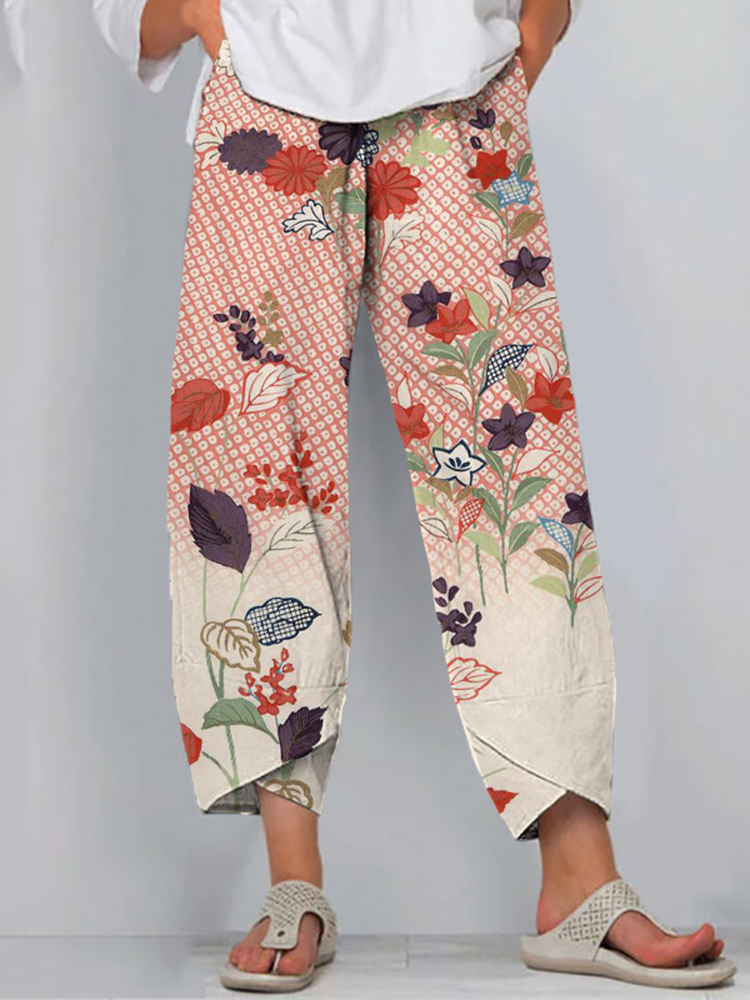 Comstylish Japanese Art Flower Print Casual Pants