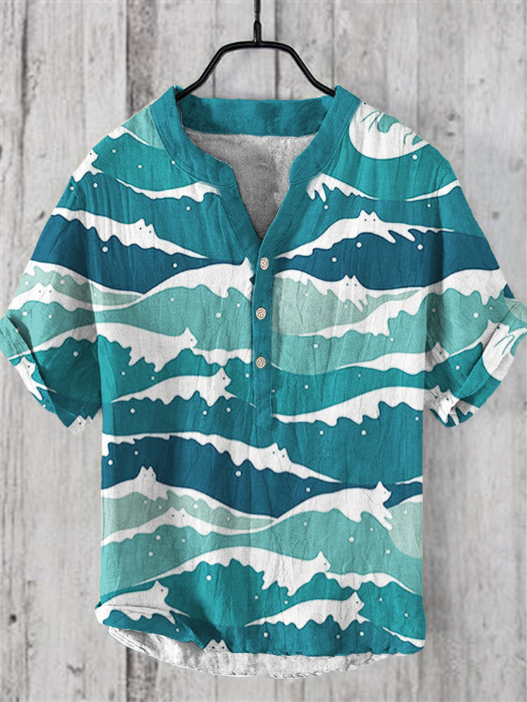 menweary Wave Cat Art Linen V-Neck Shirt