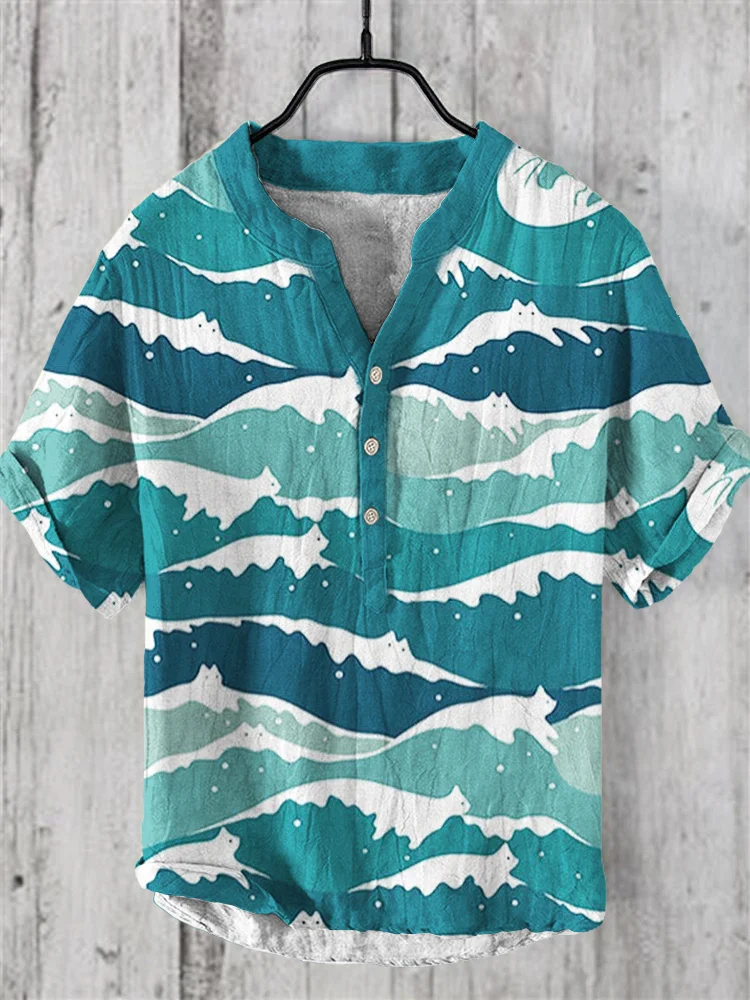 Wave Cat Art Linen V-Neck Shirt