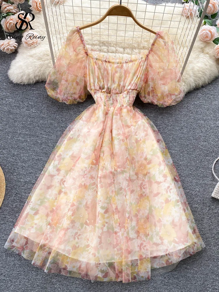 Huibahe Splice Mesh Floral Print Dress Women Summer 2024 Slim Elastic Waist Square Neck Gentle Ladies A Line Sweet Dresses