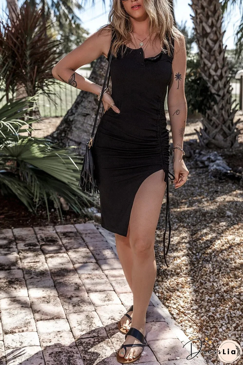 Black Drawstring Ruched Side Split Ribbed Midi Dress