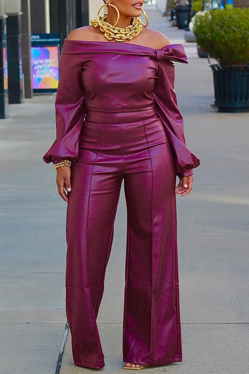 Plus Size Semi Formal Pant Set Burgundy PU Leather Off The Shoulder Lantern Sleeve Wide Leg Two Piece Pant Set