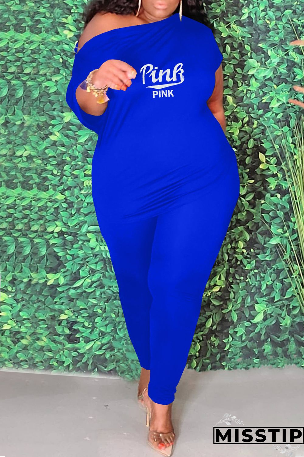 Blue Fashion Casual Letter Print Basic O Neck Plus Size Two Pieces