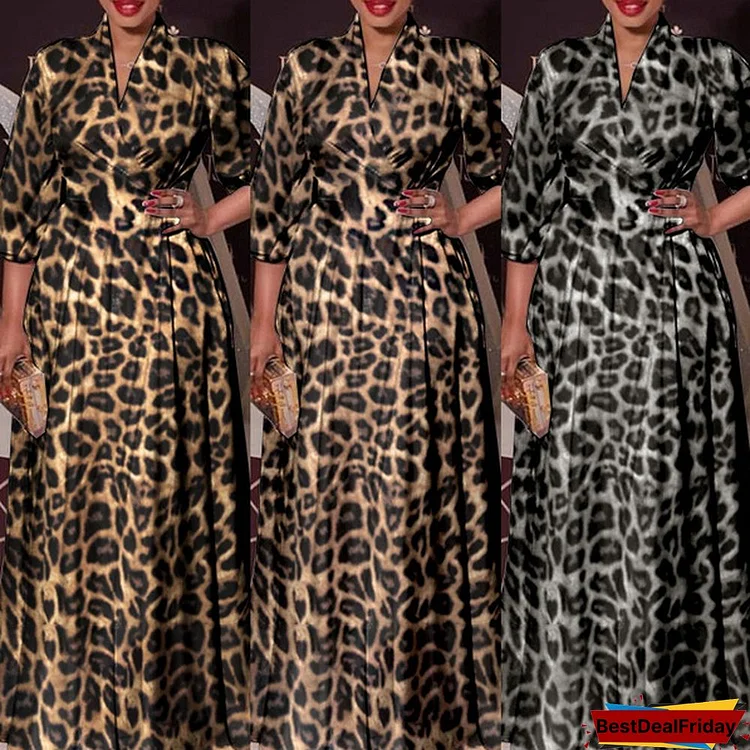 Women Leopard Print Long Dress Long Sleeve V Neck Evening Party Elegant Casual Pleated Maxi Dress Plus Size