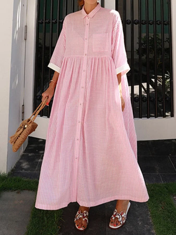 Women's Retro Striped Lapel Loose Casual Dress