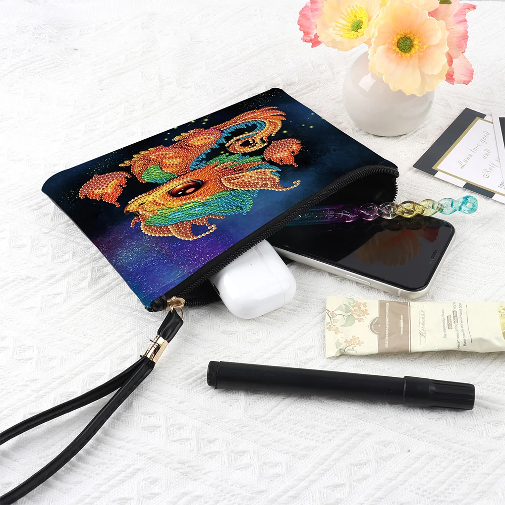 DIY Fire Dinosaur PU Partial Special Shaped Diamond Painting Wallet Makeup Bag