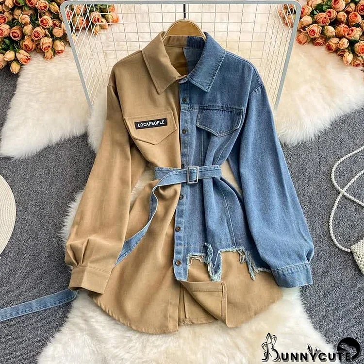 Colorblock Long Sleeve Denim Lapel Shirt Dress With Belt