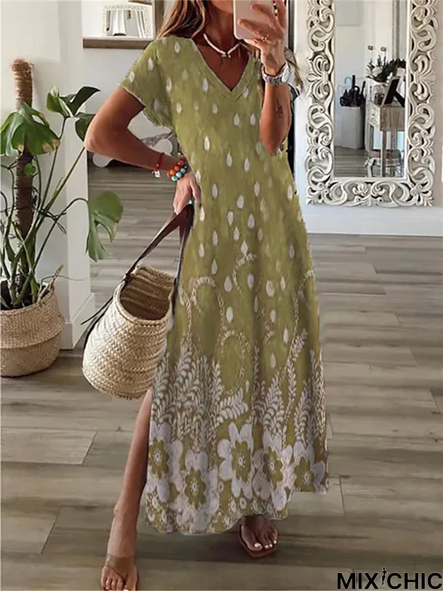 Women's Casual Dress Shift Dress Long Dress Maxi Dress Yellow Wine Navy Blue Short Sleeve Floral Split Spring Summer V Neck Vacation 2023 S M L XL XXL 3XL