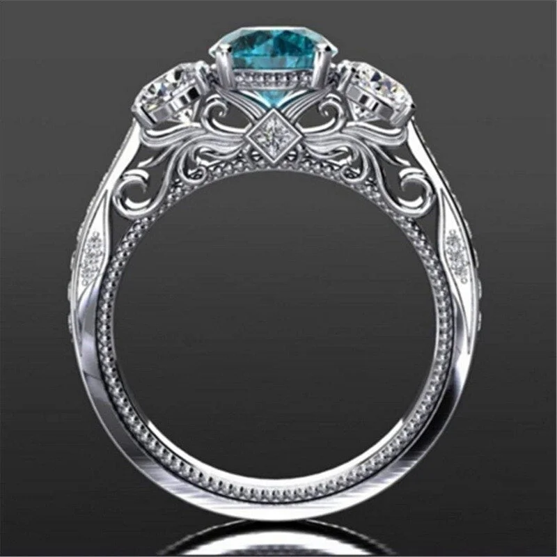 Luxury Female Crystal Round Thin Ring Classic Silver Color Engagement Ring Dainty Blue Zircon Stone Wedding Rings For Women