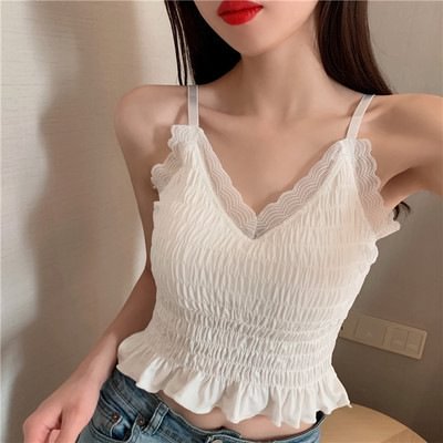 Sexy Tank Top Lace Halter Crop Tops Women Summer Pleated Camis Backless Camisole Casual Tube Top Female Sleeveless Cropped Vest