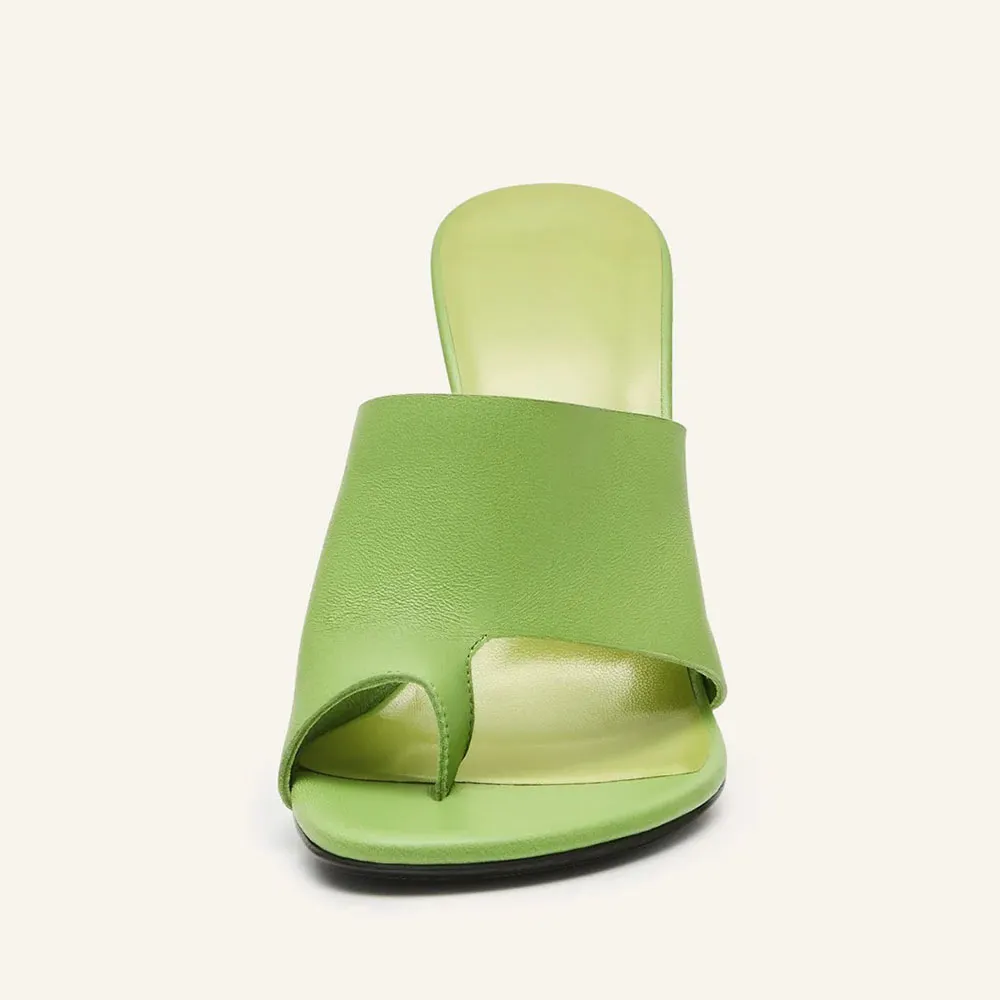 Faux Leather Open Toe Flared Heel Slip On Mules for Women in Green