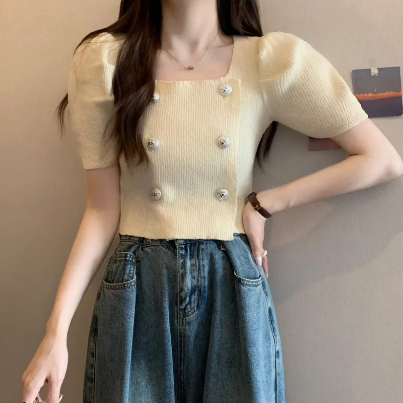 Uveng Uveng New French Gentle Style Design Double Buckle Bubble Sleeve T-Shirt Knitted Short Top