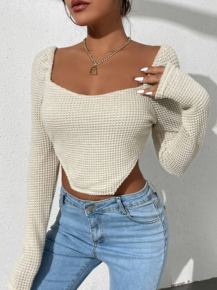 Colourp Autumn Long Sleeve Knitted Casual T Shirts Women Y2K Cropped Top 2022 White Skinny Sexy Backless Basic Tops Fashion