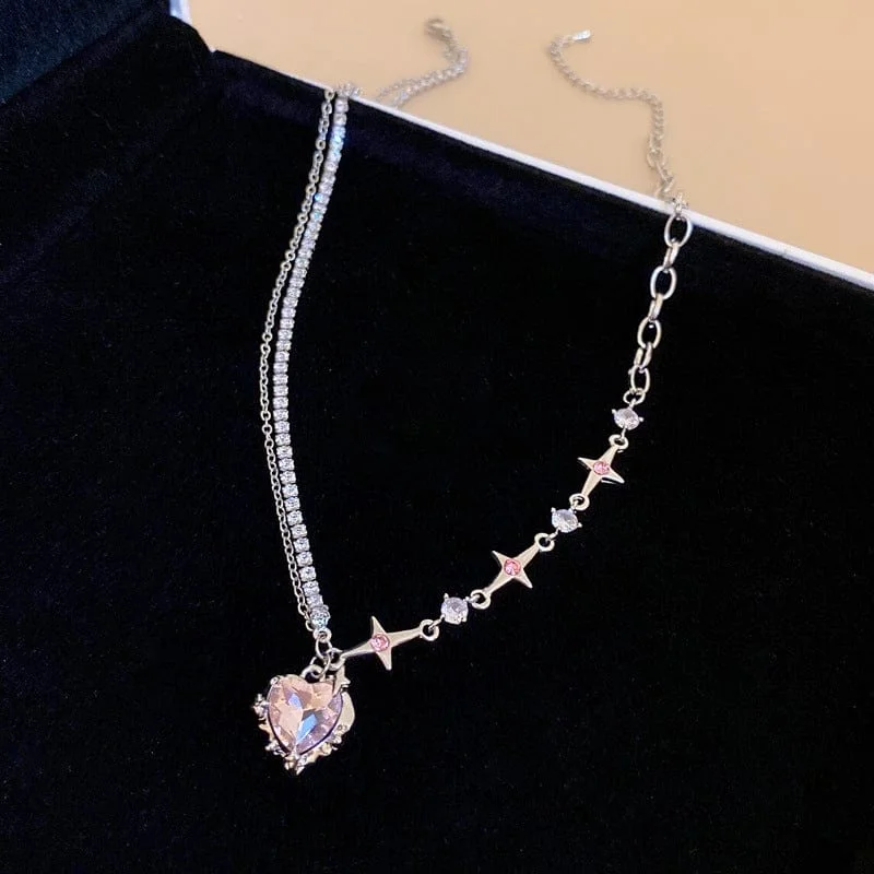 Layered Pink And Black Crystal Heart Pendant Star Chain Necklace